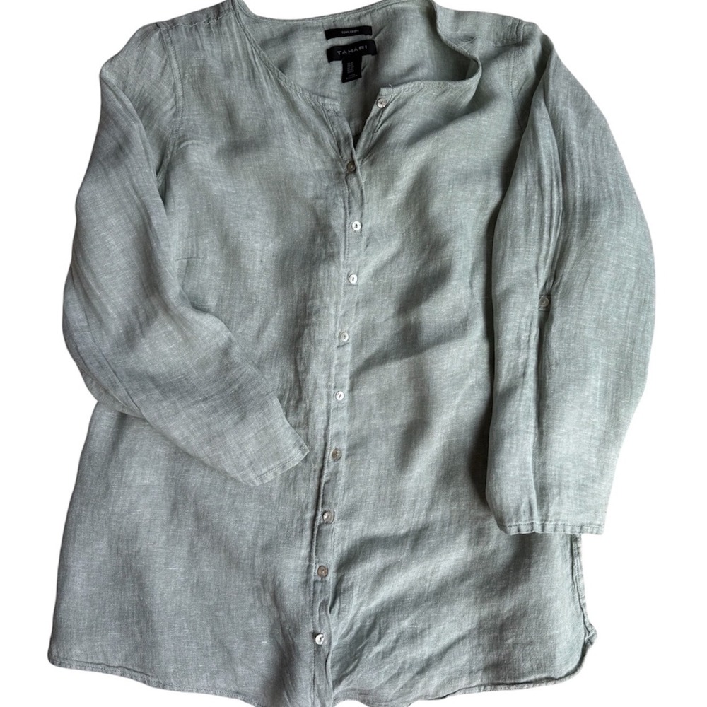 Tahari Womens 1X Sage Green 100% Linen Button Down Roll Tab Sleeve Tunic Shirt